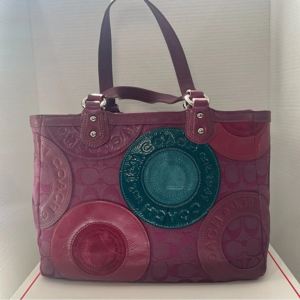 Coach Galaxy Mutlicolor Circle Patchwork Canvas & Leather Shoulder Bag With Box - Picture 4 of 11